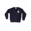 gebreide pullover-v hals in donkerblauw met logo van de school sint antonius antwerpen
