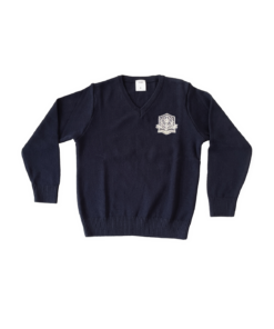 gebreide pullover-v hals in donkerblauw met logo van de school sint antonius antwerpen