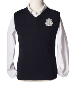 gebreide debardeur v hals in donkerblauw met logo van de school sint antonius antwerpen